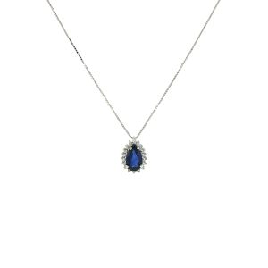 Collana con Pendente Zaffiro Blu Reale a Goccia in Oro Bianco