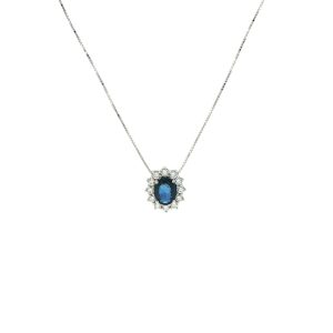 Collana con Pendente Halo in Oro Bianco e Zaffiro